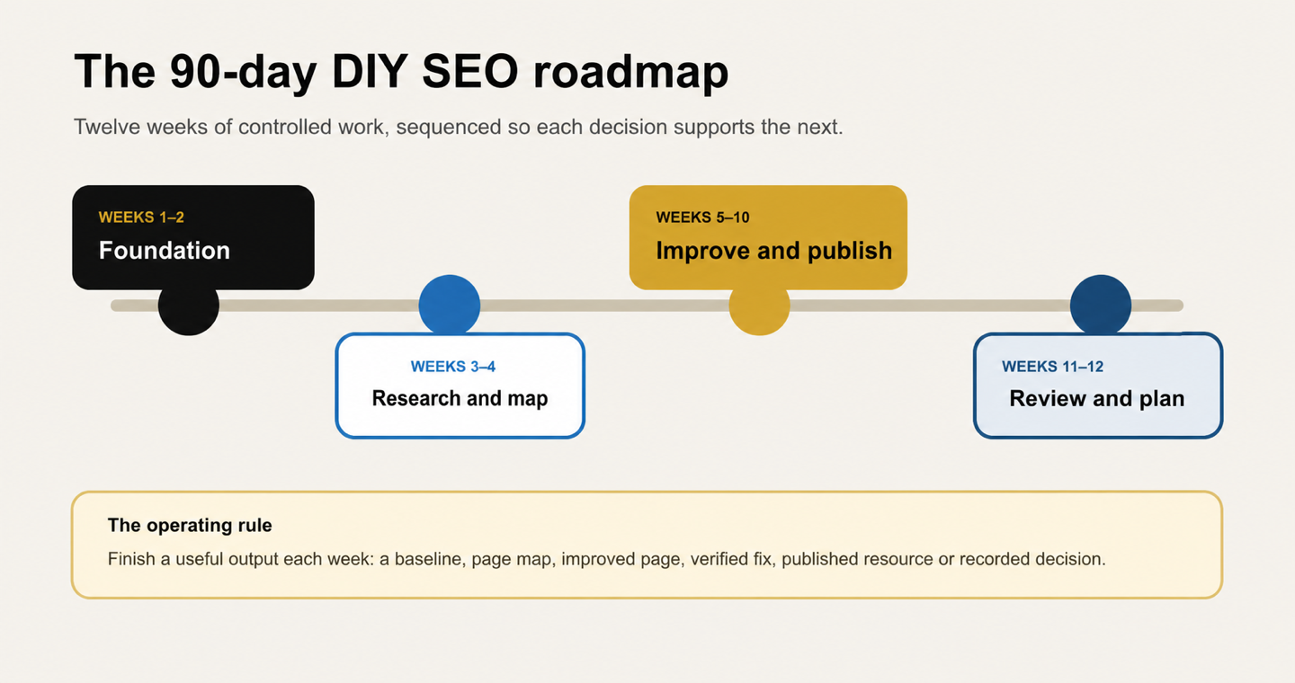 A 90-day SEO roadmap moving through foundations, pages and measurement.